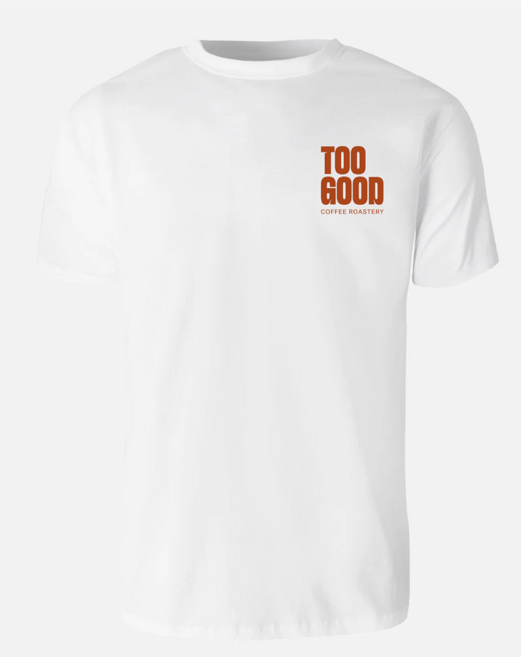 Too Good Coffee Bronze Logo White T-Shirt